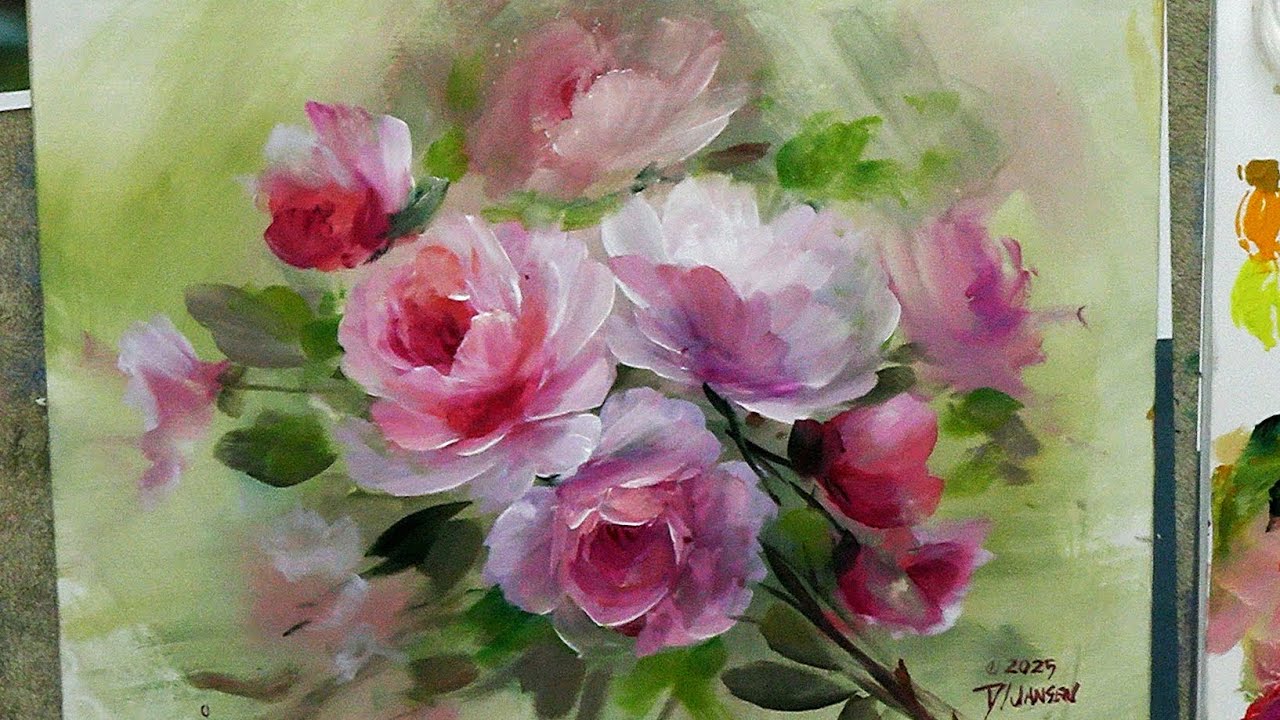 Painting For Spring  White and Pink Roses with Acrylics