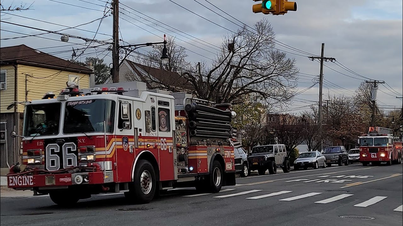 FDNY Engine 38, 66 and Ladder 61 Leaving From A 3rd Alarm Fire On