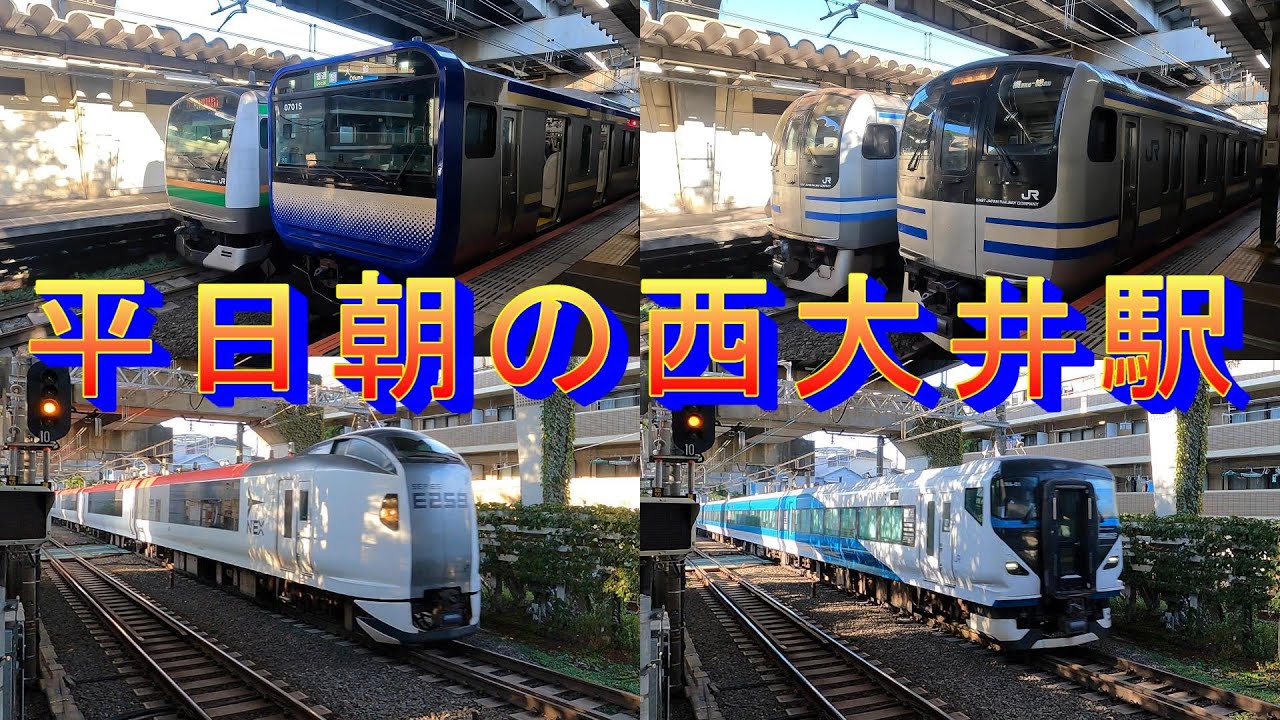 平日朝の横須賀線　西大井駅　通勤時間は列車がいっぱい