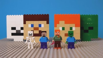 Lego Minecraft Steve, Alex, Skeleton and Zombie Brick Building Big Heads Animation