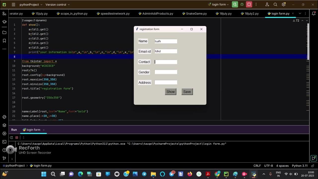 Registration form | using Tkinter Library Python || Pycharm IDE ...
