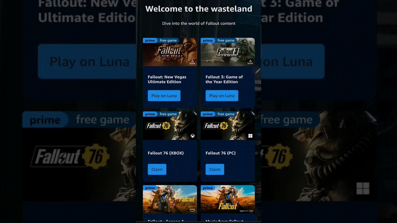 More free games this time from Amazon. Fallout New Vegas,  Fallout 3 and Fallout 76. 