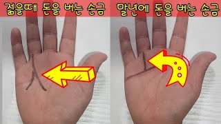 젊을때 돈을 버는 손금 &amp; 말년에 돈을 버는 손금. 성공, 행운, 금전운을 나타내는 손금 태양선 총정…
