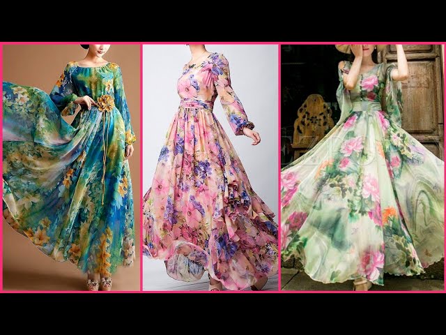 chiffon floral print long gown dress //floral print long maxi dresses  //summer chiffon long dress - YouTube