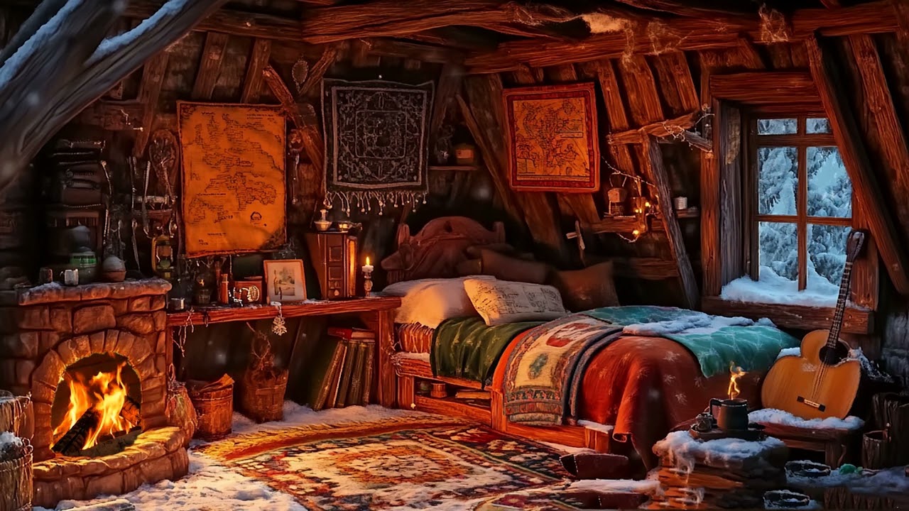 A relaxing space inside the treehouse at night, the warm glow of the fire