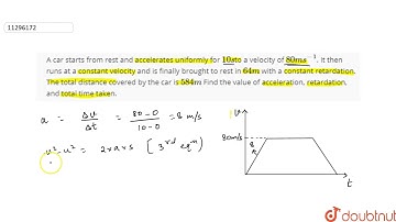 A car starts form rst and accelerates uniformly for `10 s`to a velocity of `80 ms ^(-1)`. It the...