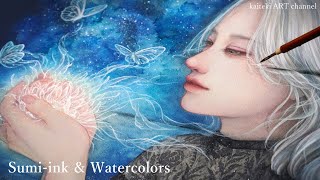 【水彩/墨】青い絵の具💙幻想的な星空の絵　Ink and Watercolor Painting, Starry Sky, Blue,