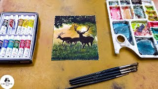 Watercolor painting of beautiful forest landscape with deers ?️