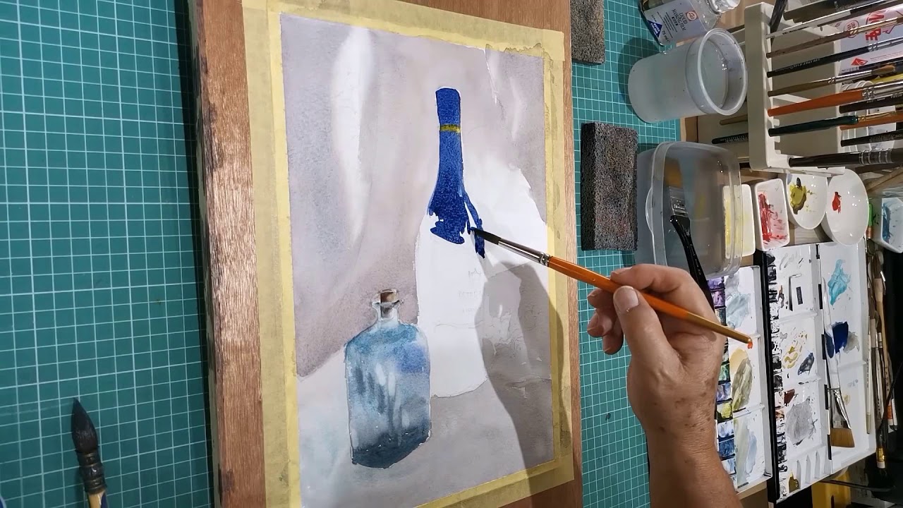 Acuarela - Bodegón de botellas