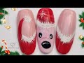 Christmas french manicure with furr and Teddy bear. Christmas nail art. Red French Nails. Santa nail