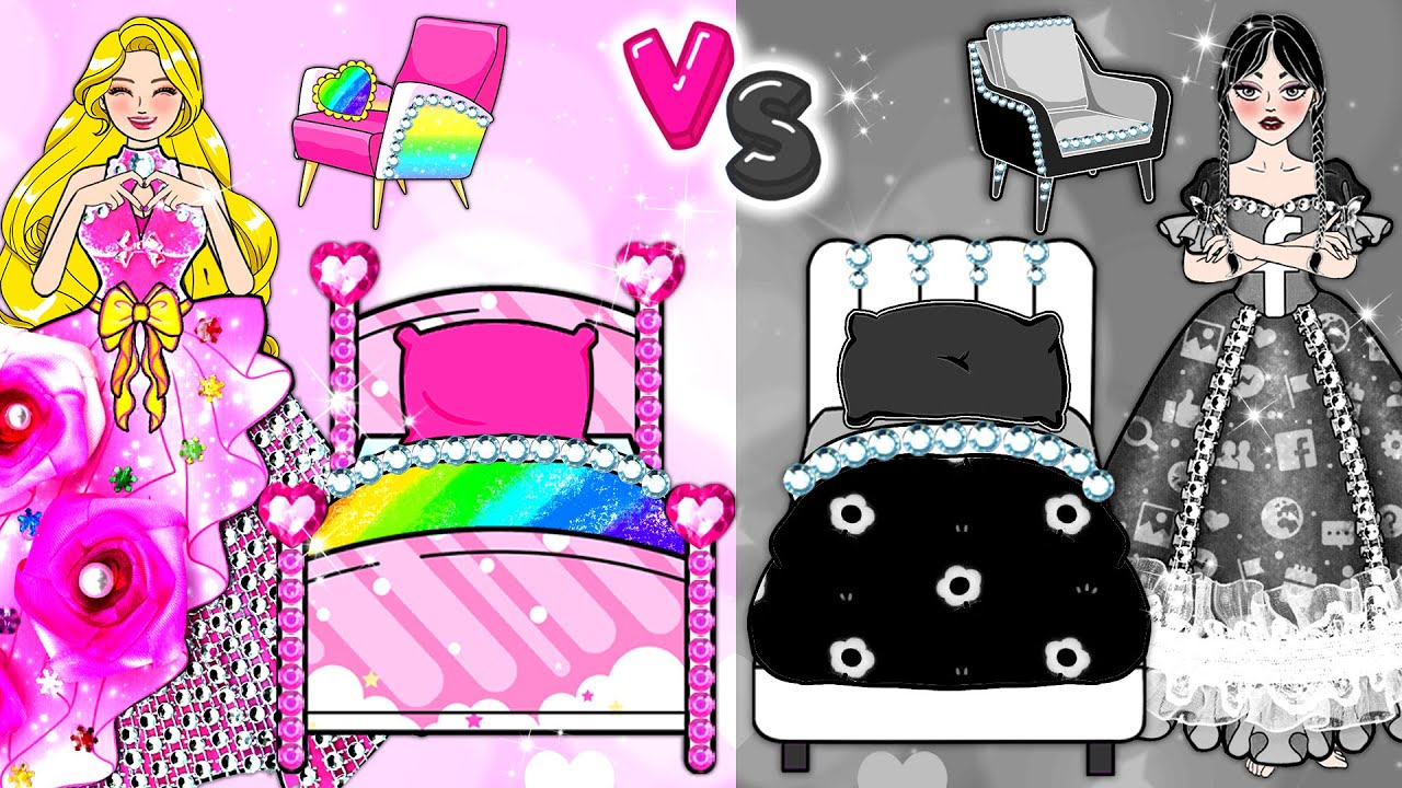 👑 Paper Dolls Dress Up ️🎉 Pink Princess Room vs Dark Gothic Room 🌈  DIY Handmade Outfits