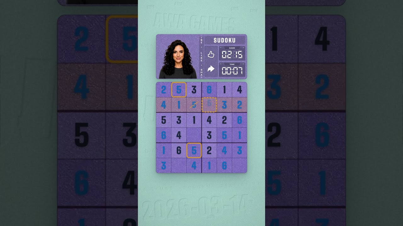 LinkedIn Mini Sudoku #215 solved board for March 14, 2026, 6x6 grid