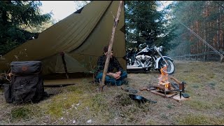 Spring bushcraft motorcycle camping trip, bunless burgers off the fire.