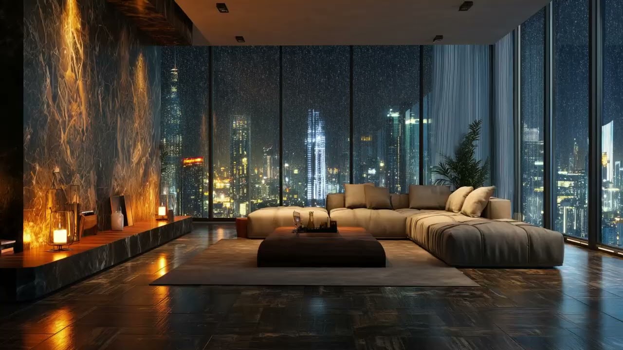 Luxury Penthouse Rain & Fireplace Ambience 🌧️🔥 | Cozy Night City Sounds for Deep Sleep & Relaxation
