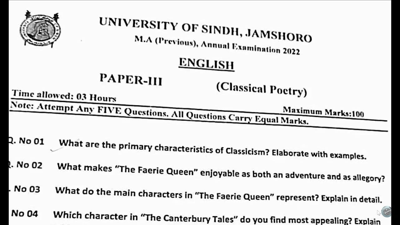 MA English paper 3 (Classical Poetry)  || MA past paper 2022 || Sindh University Jamshoro
