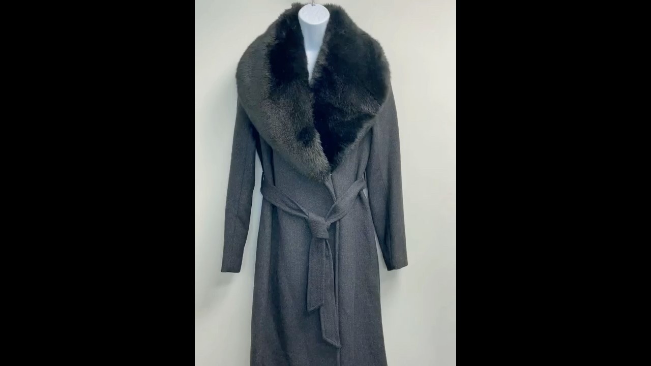Cole Haan Faux Fur Collar Trench Coat in Dark Grey