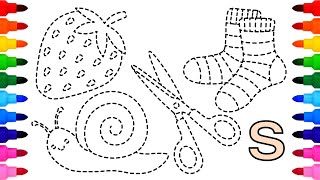 [영어놀이]알파벳 S 단어, 딸기,달팽이, 가위, 양말, 점선 그림을 색칠하면서 영어 단어 배우기| Coloring Strawberry, Scissors, Snail, Socks