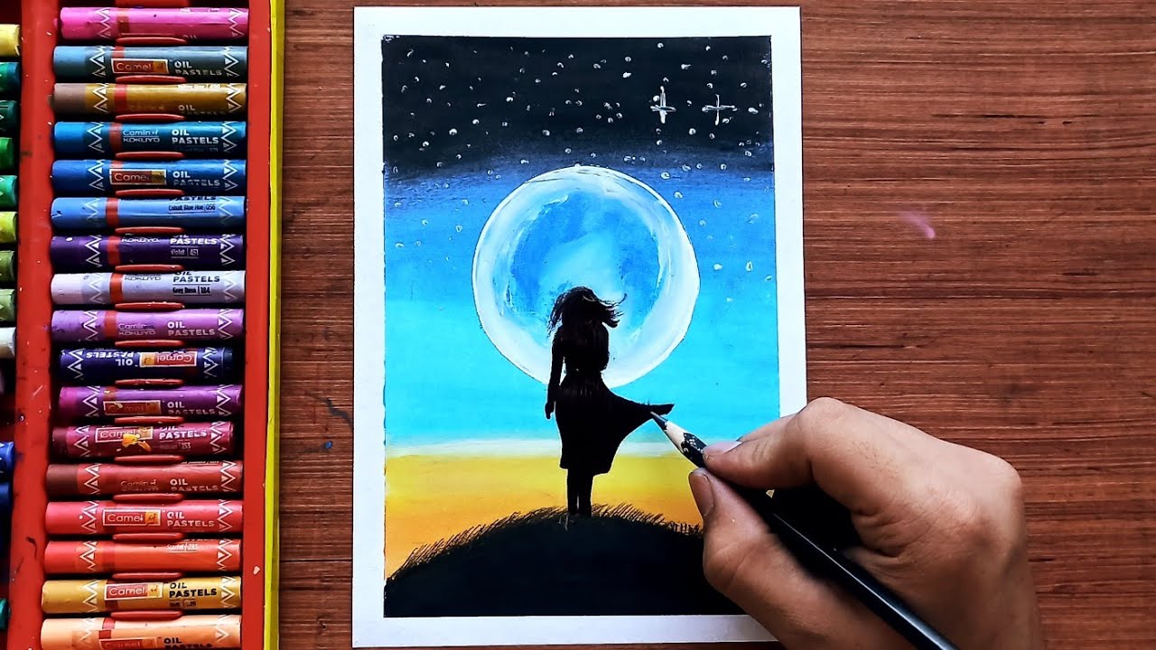 Download Oil Pastel Drawing for Beginners - Alone Girl at Night - step by step