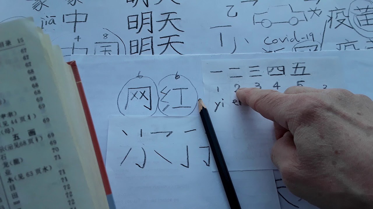 Chinese writing, 网( wang，6stops )红( hong，6stops )，六 七 八 九 十