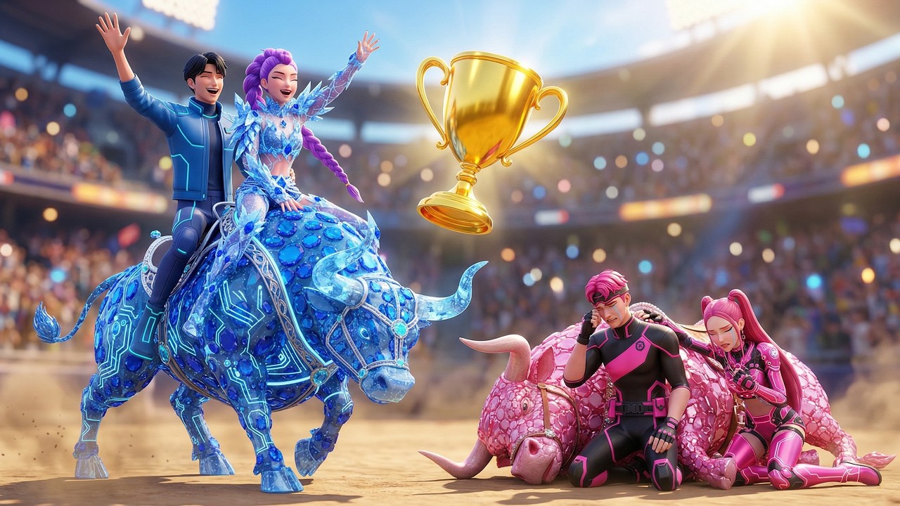 Blue Aqua Family VS Pink Family: RUMI Gets Magic Demon Bull Racing Championship - KPOP Demon Hunters