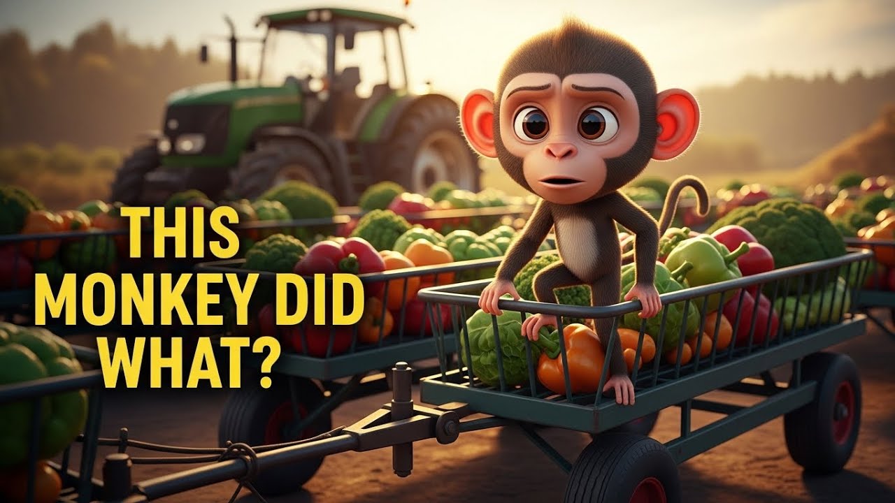 Monkey Ride Tractor Baby Monkey Drives Tractor, Harvests Tomatoes & Builds Wooden Bridge ...