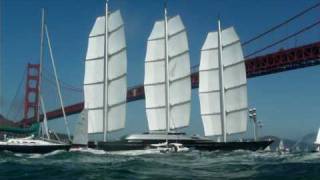 Maltese Falcon sails under San Francisco Golden Gate Bridge