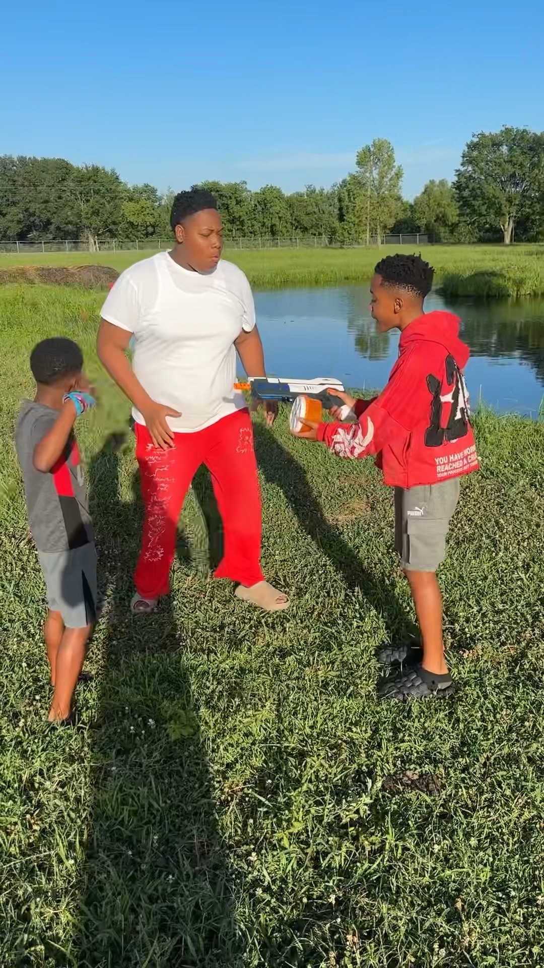Big boy steals gel blaster from friends and throws it in the pond #shorts