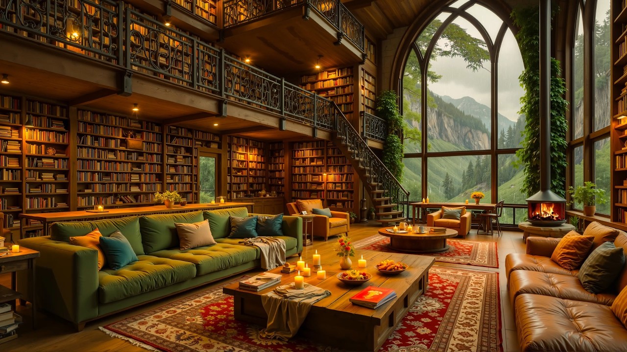 Beautiful Jazz Cafe Space on a Rainy Day ~ Jazz Piano Music and Rain Sounds for Study & Work