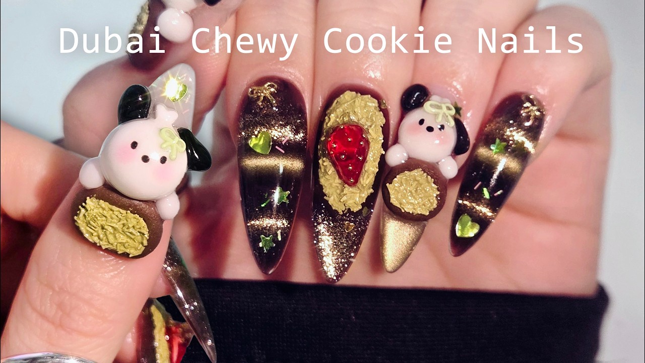 Ногти в стиле дубайского шоколадного печенья 💚🤎 Ручные шармы | ASMR