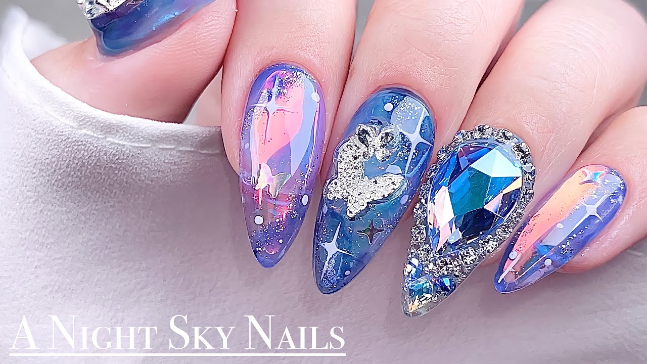 sub) Ночное небо, Ногти-бабочки🦋/ Ледяной ноготь / Наращивание кончиков ногтей / Нейл-арт