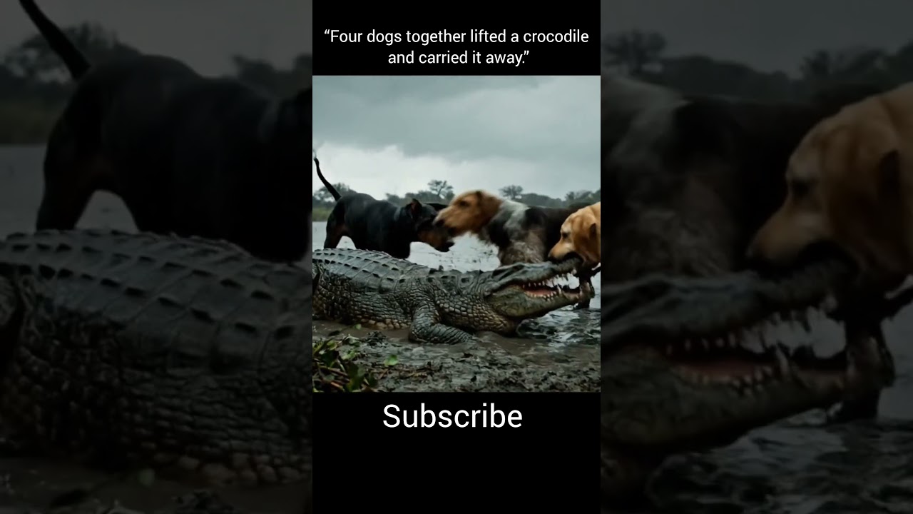 “Four dogs together lifted a crocodile and carried it away.” 