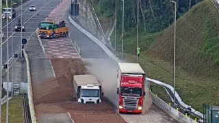 Caminhão e carreta utilizam área de escape simultaneamente na BR-376/PR