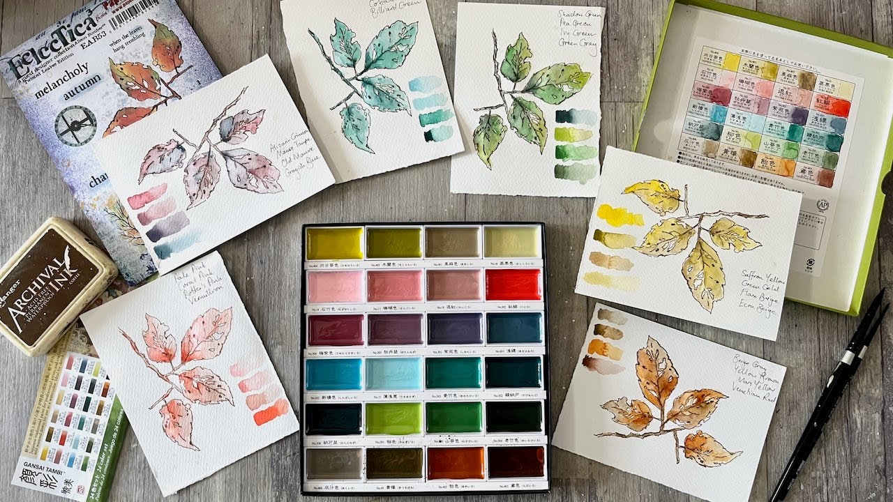 Swatching Kuretake Gansai Tambi Art Nouveau watercolours with PaperArtsy leaf