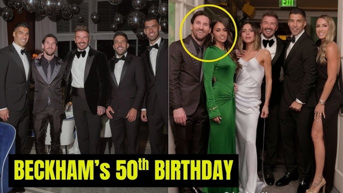 Lionel Messi leads ex-Barcelona boys at David Beckham’s 50th birthday celebrations – as Inter Miami WAGs strike a pose alongside Victoria at swanky party.video 1 Messi & Teammates At David Beckham's Early 50th Birthday Party - YouTube