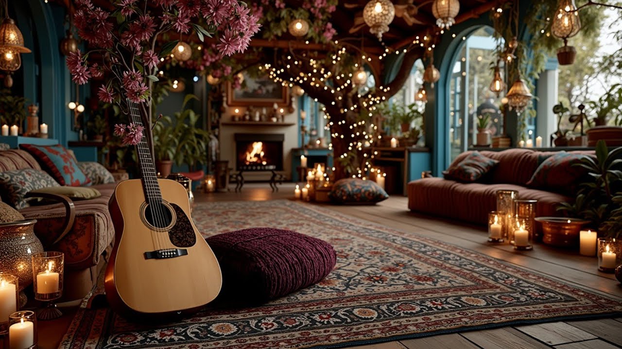 Уютная зимняя акустическая гитарная музыка для расслабляющего вечера у камина