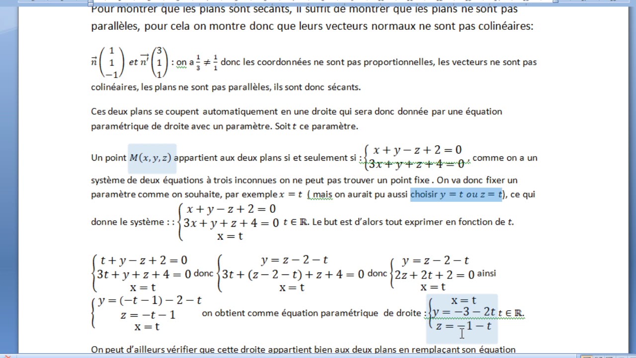 ts application intersection de deux plans et équation paramétrique de — free download