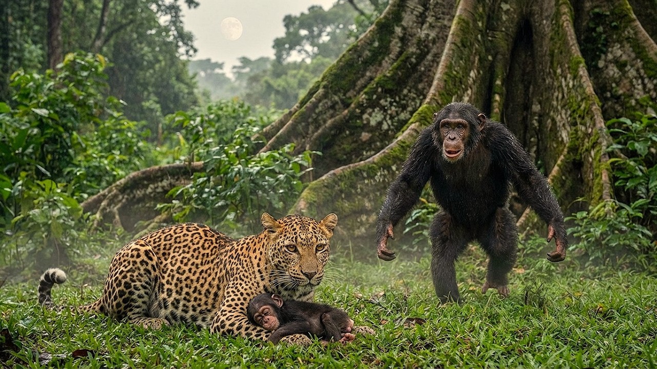 Самка леопарда обнаружила беспомощного детеныша шимпанзе — джунгли стали свидетелями чуда!