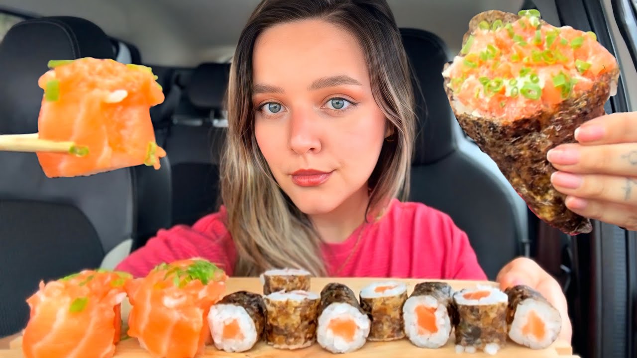 SUSHI E TEMAKI DE SALMÃO MUKBANG NO CARRO | CAMILE ASMR
