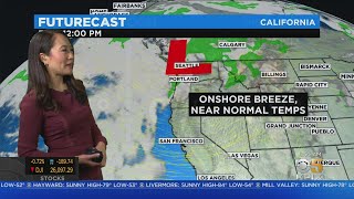 Expect dry conditions and temperatures near summer averages on
tuesday, with highs in the 60s along coast, up to mid 80s inland. mary
lee has the...