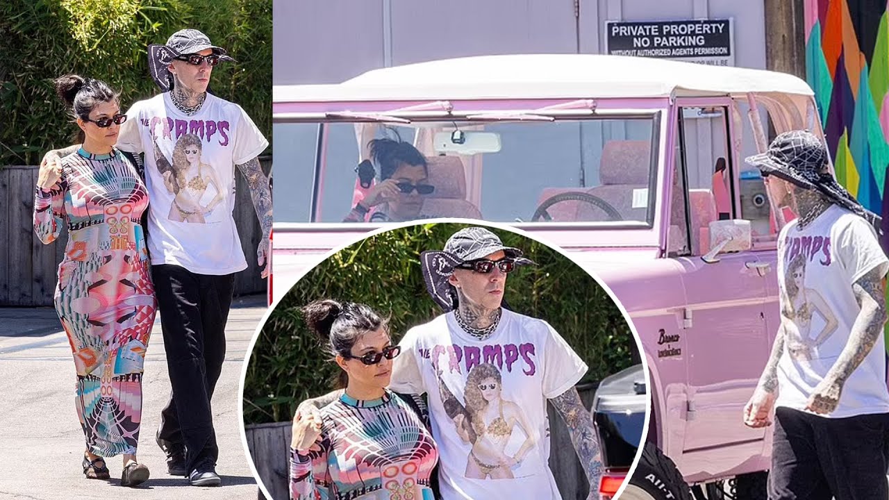 Kourtney Kardashian and Travis Barker ride around in new Barbie pink