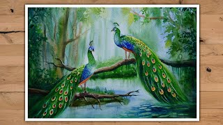 Peacock painting with watercolor step by step