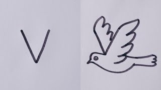 How to draw a Flying bird (Dove) Easy drawing step by step//Flying bird from letter V.