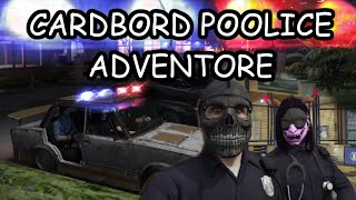 Rob & Fingle Dan ride along with cardboard police Bjorn and Yeager