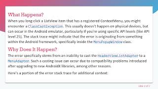 Resolving ClassCastException in Android: Issues with ContextMenu and Header View in ListView