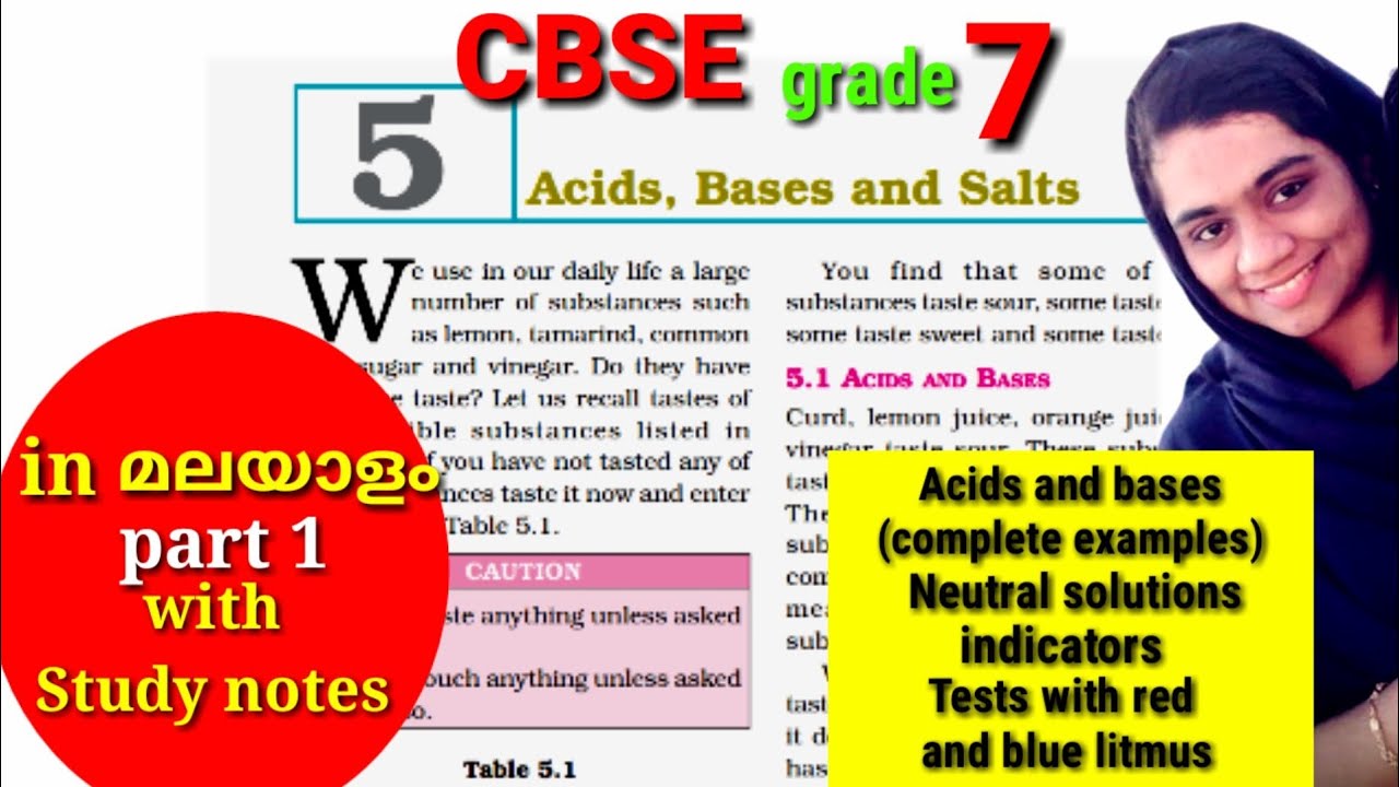 CBSE grade 7 ACIDS ,BASES AND SALTS in malayalam part 1 with study