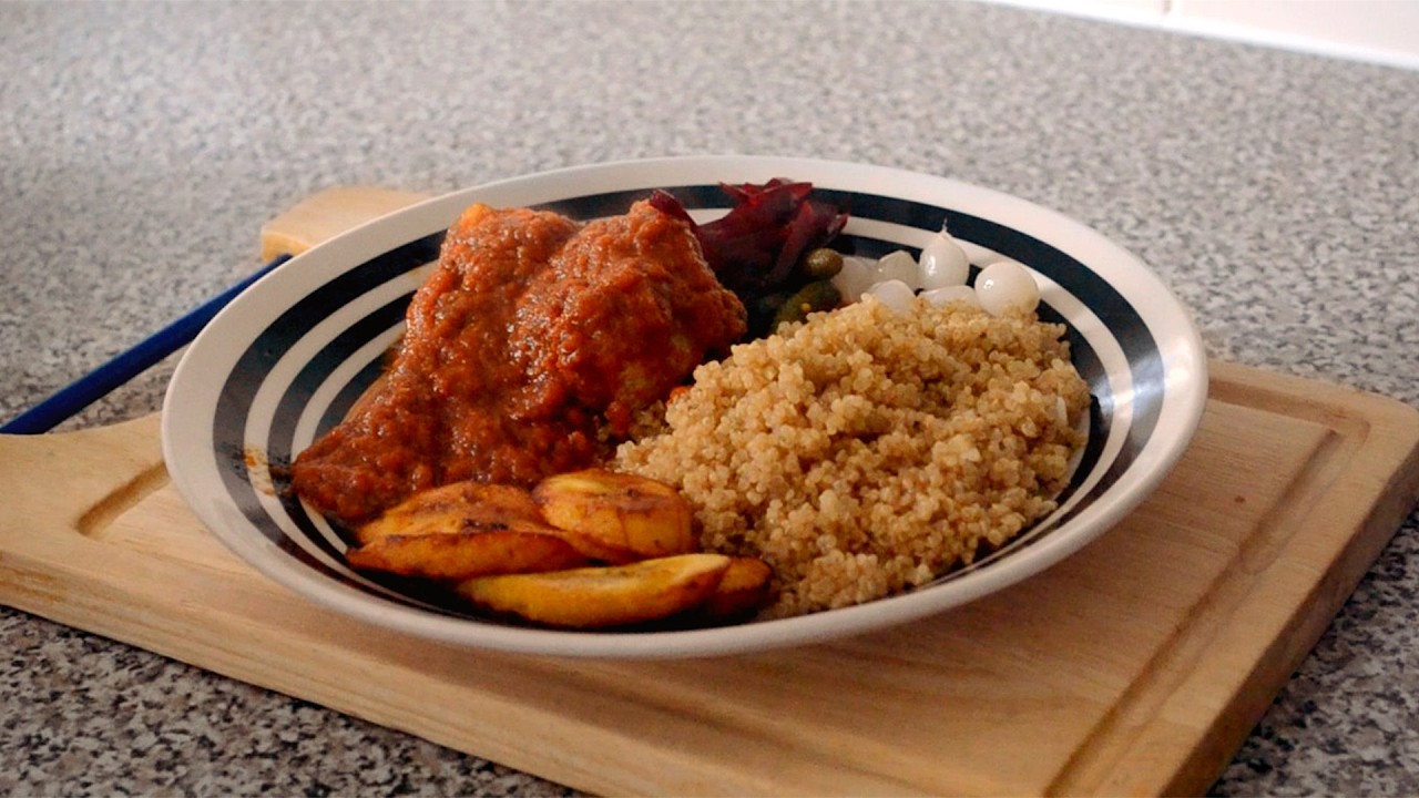 Hake Fish cooked in Tomato Sauce with Quinoa and Ripe Fried Plantain