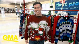Thrifting for fabulous finds in pursuit of ugly Christmas sweater glory l GMA