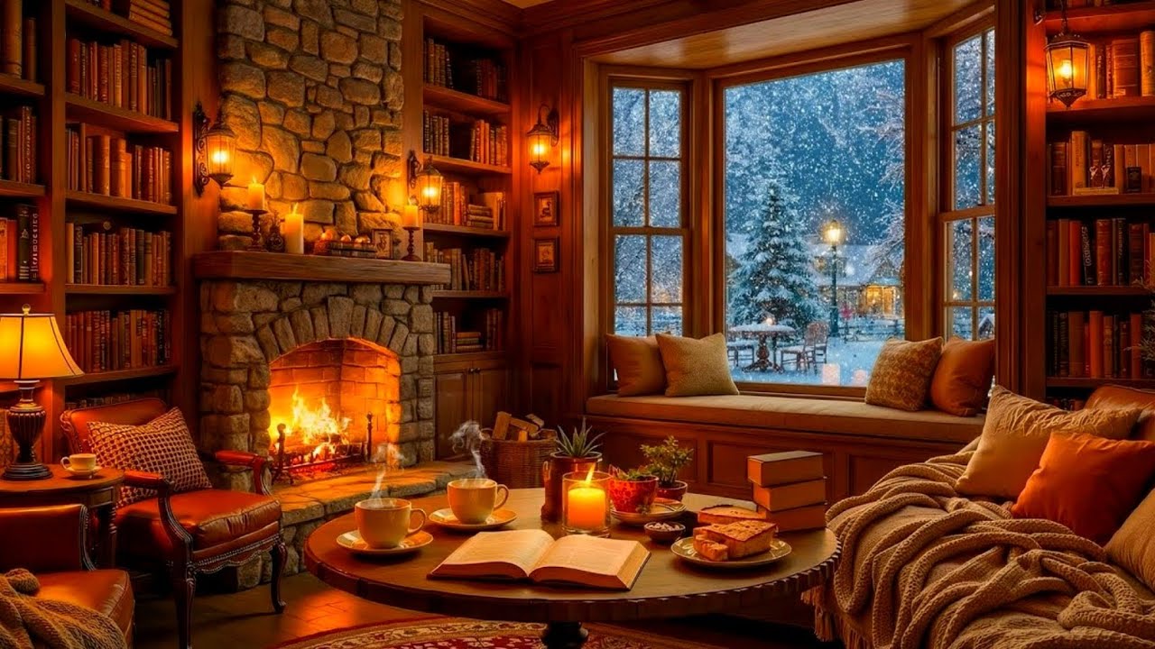 Deep Winter Night Jazz ❄️ Snowy Coffee Atmosphere & Cozy Fireplace Sounds for Studying and Focusing