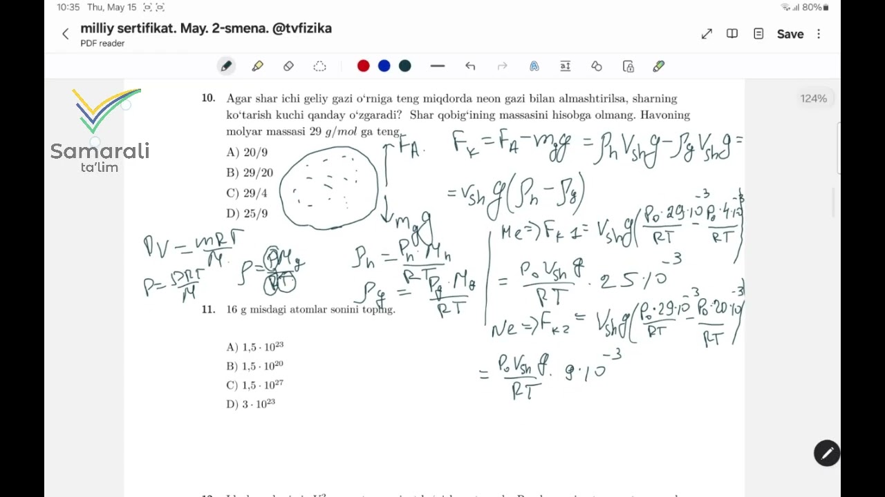 13.05.2025 Fizika Milliy Sertifikat, 2-smena 9-16 savollar yechimi.