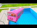 Crazy School Bus Crash Into Swimming Pool – BeamNG Drive BMG Bus Down Realistic Physics